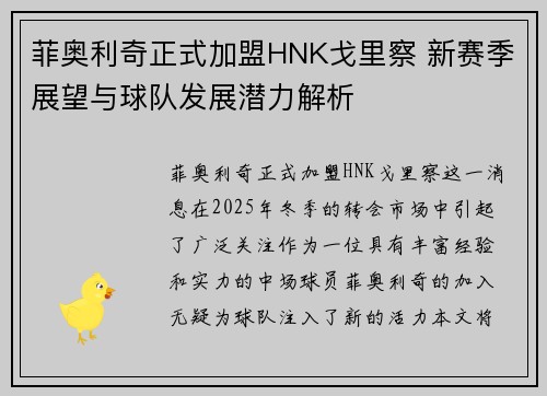 菲奥利奇正式加盟HNK戈里察 新赛季展望与球队发展潜力解析