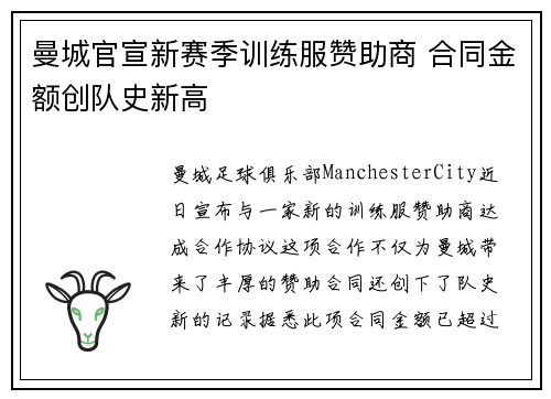 曼城官宣新赛季训练服赞助商 合同金额创队史新高