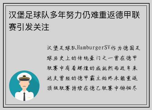 汉堡足球队多年努力仍难重返德甲联赛引发关注